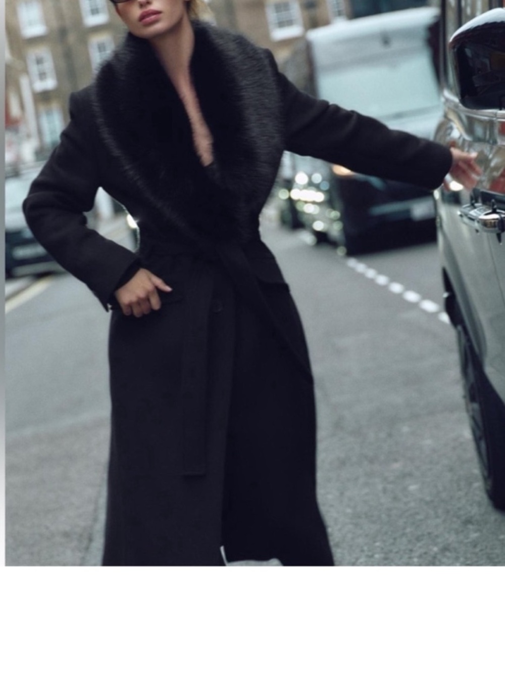 Zara wool Black Faux Fur Collar Long Coat - Women Jackets & Coats